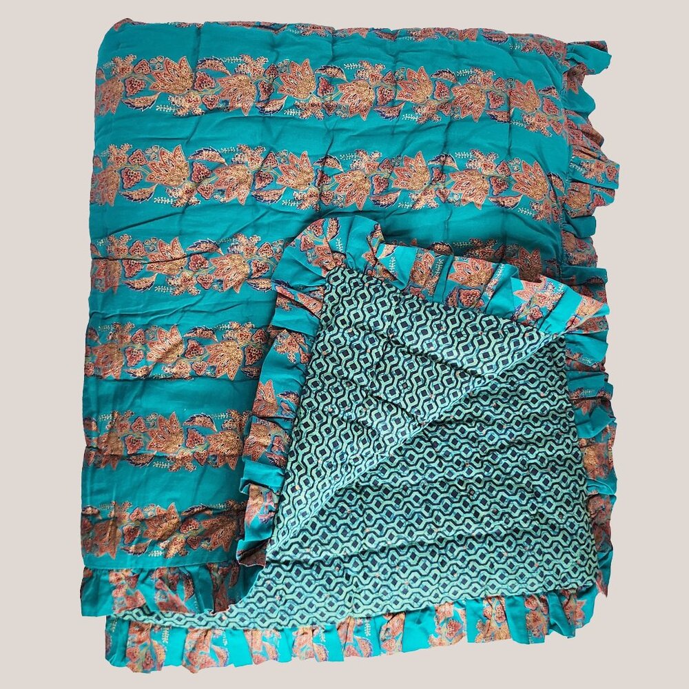 NEW Indigo Reversable Cotton Baby Throw Quilt Teal Paisley Handmade in India